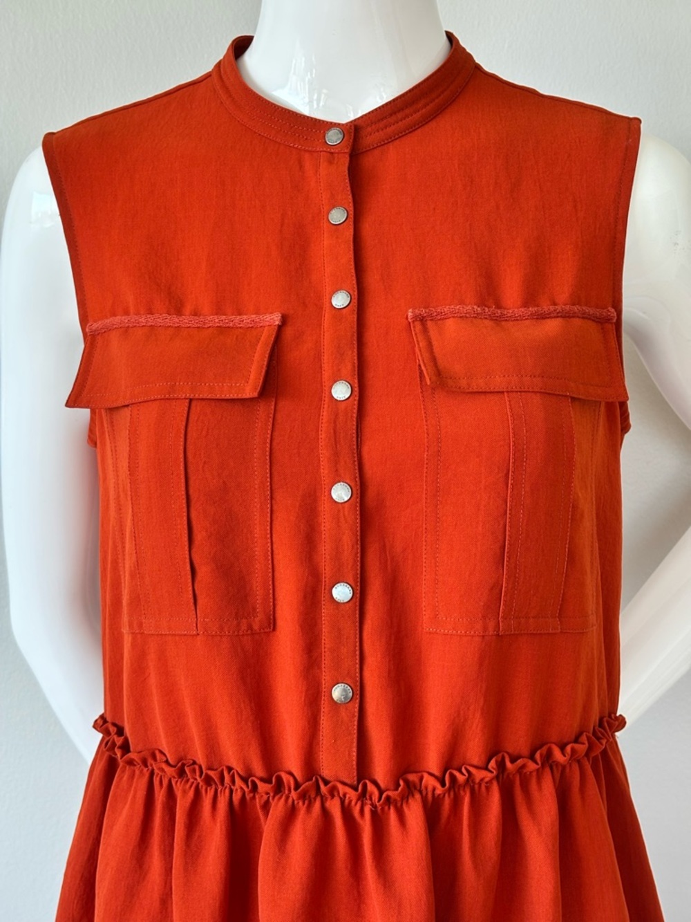 Burberry Burnt Orange Sleeveless Shirt Dress | Snap Button Mini, Pockets - Picture 4 of 9